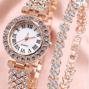 Rhinestone Round Watch & Bracelet